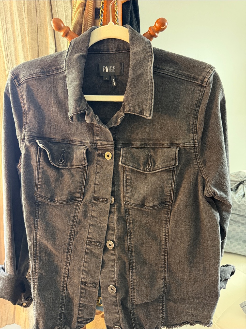 PAIGE faded Black Denim Jacket - Women's Classic Button-Front size large